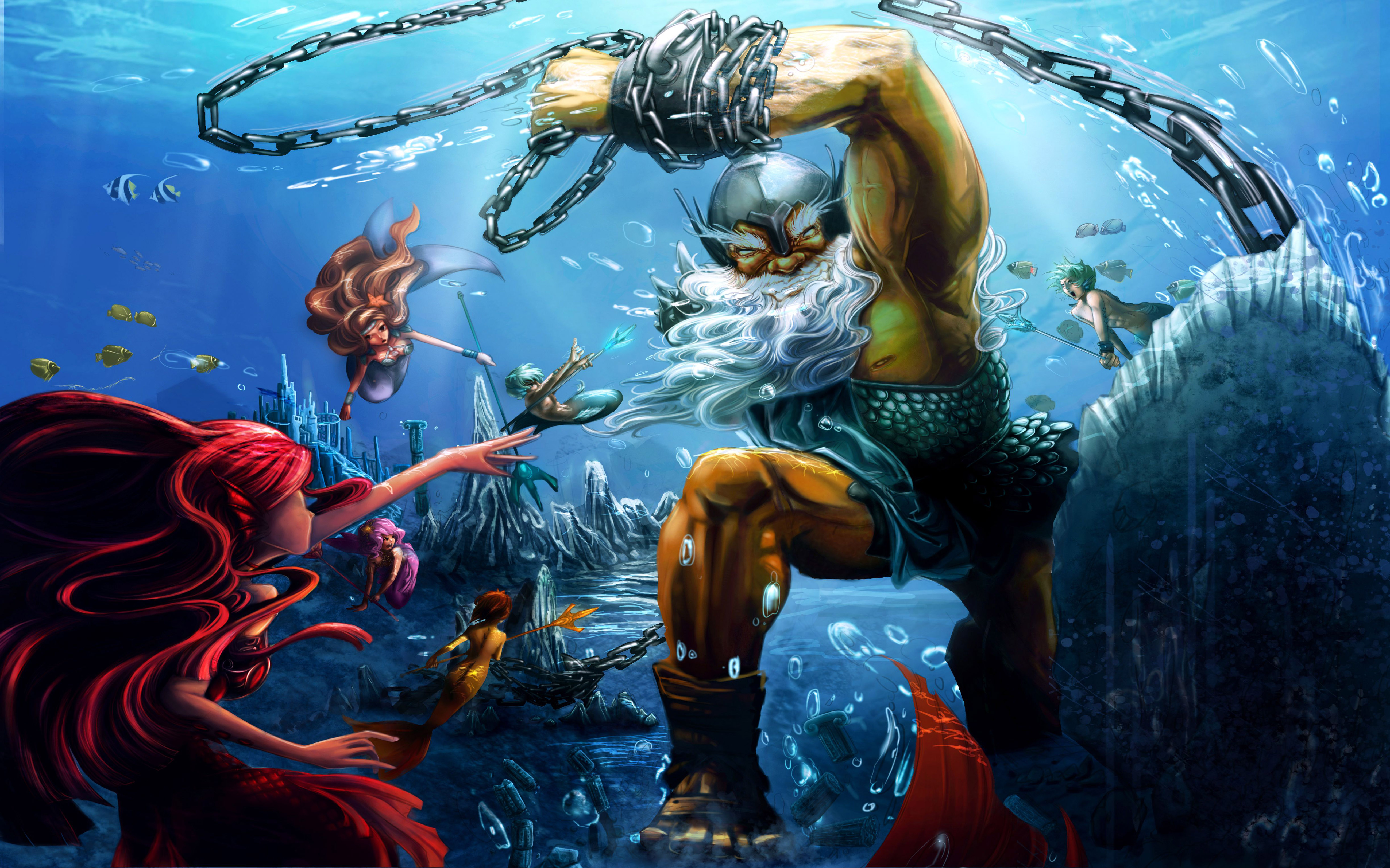 Mermaid-Underwater World Fantasy art warriors weapons chain underwater