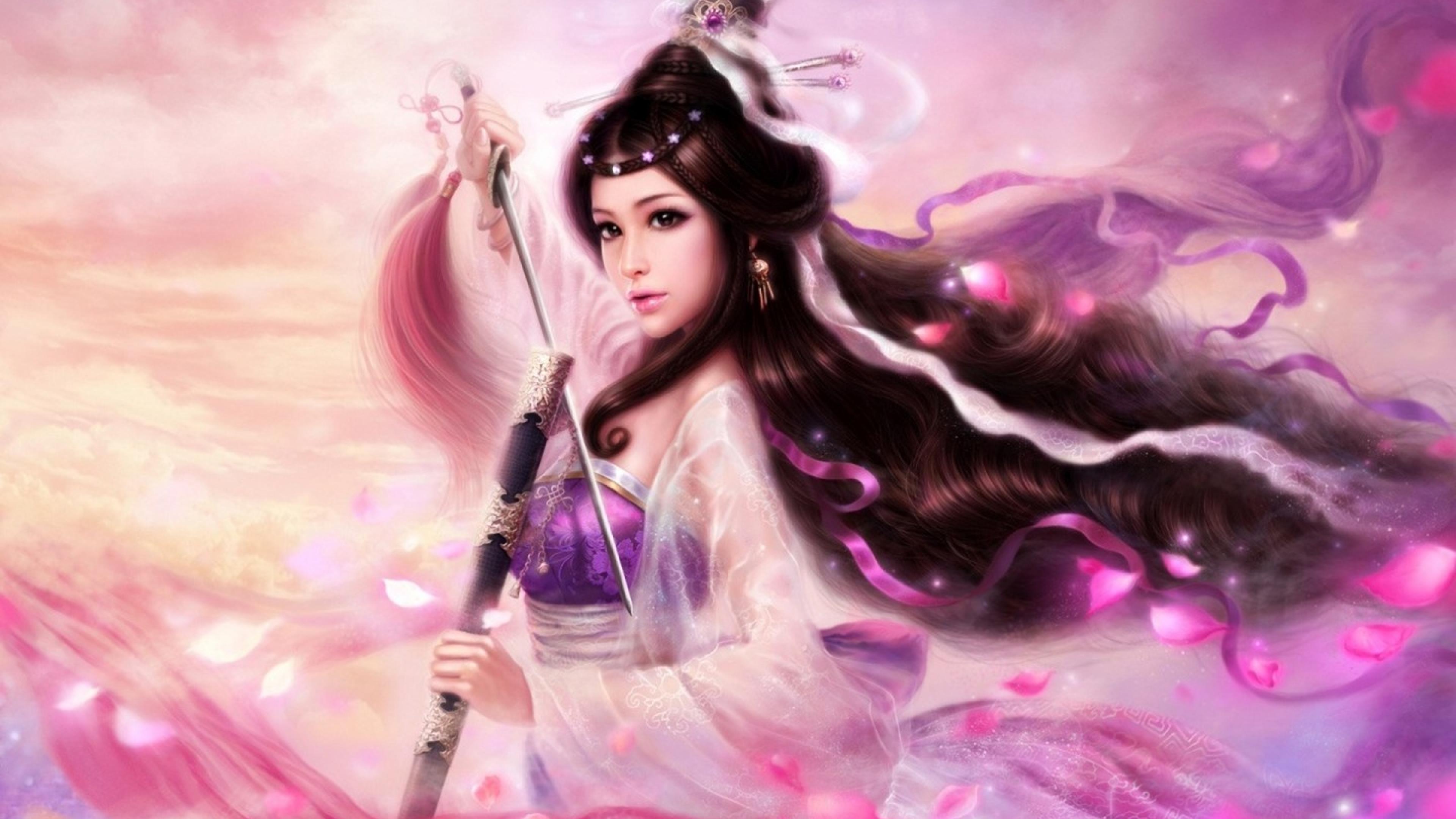 Samurai Princess Sword Purple Fantasy Girl Ultra 3840x2160 Hd Wallpaper