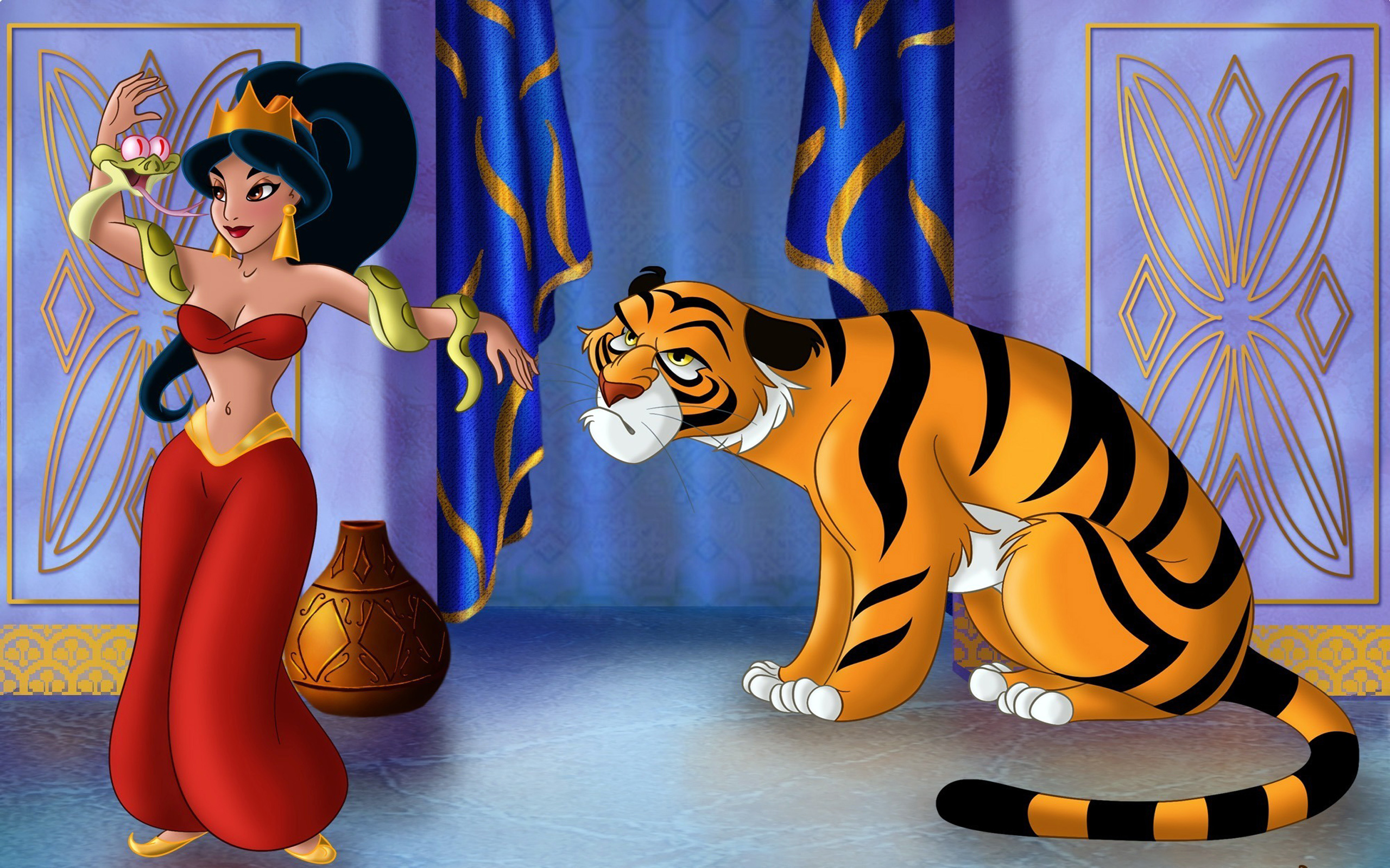 Princess Jasmine Dancing With Snake And Pet Tiger Cartoon Aladdin Hd
