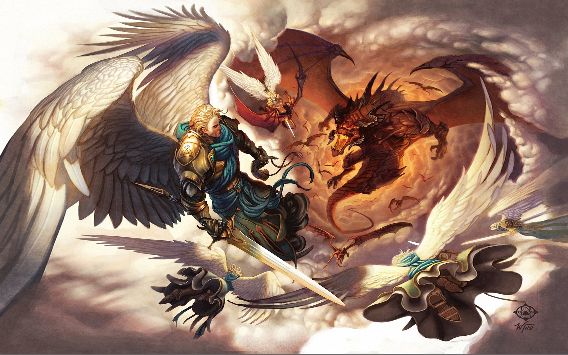 Battle with Dragon-Angel-sword-armor-wing flight-Fantasy-Hd Wallpapers