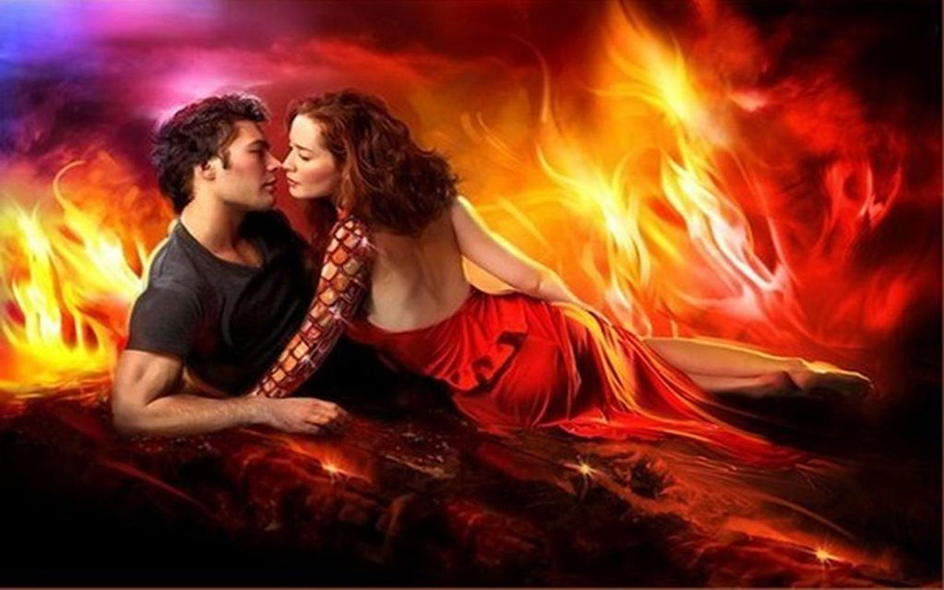 Romantic couple handsome couple hot love fire flame boy and girl in red ...