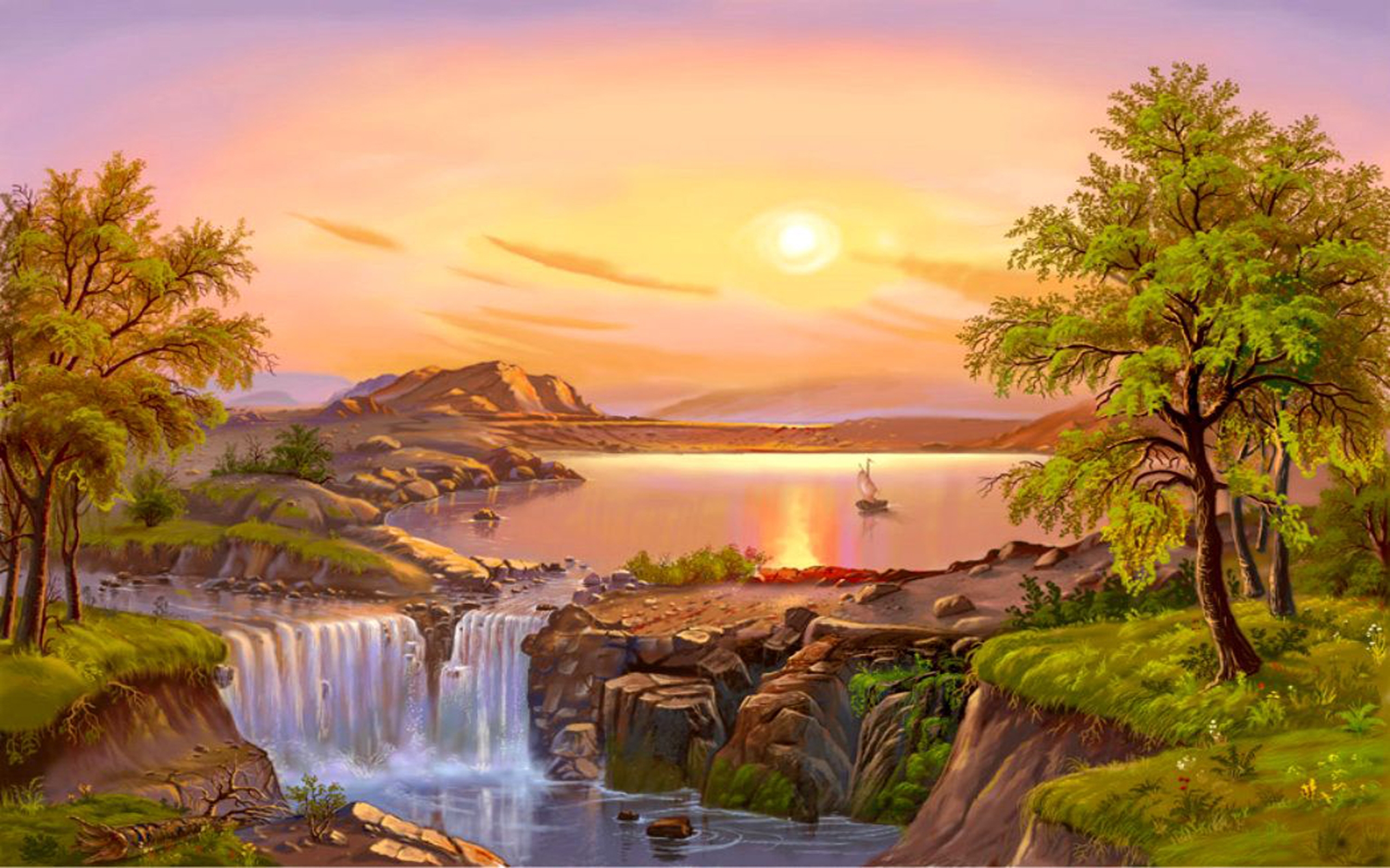 Beautiful Landscape, River, Trees, Waterfall, Sun 09754 : Wallpapers13.com