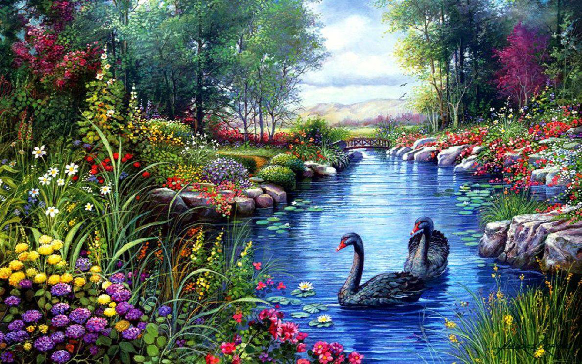 Black Swans Trees River Flowers Painting Hd Wallpaper : Wallpapers13.com