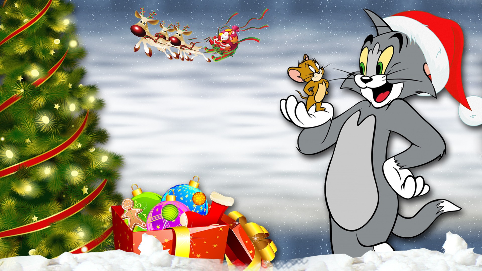 Tom And Jeryy Winter Tails Christmas Tree Santa Claus Gifts Desktop Hd