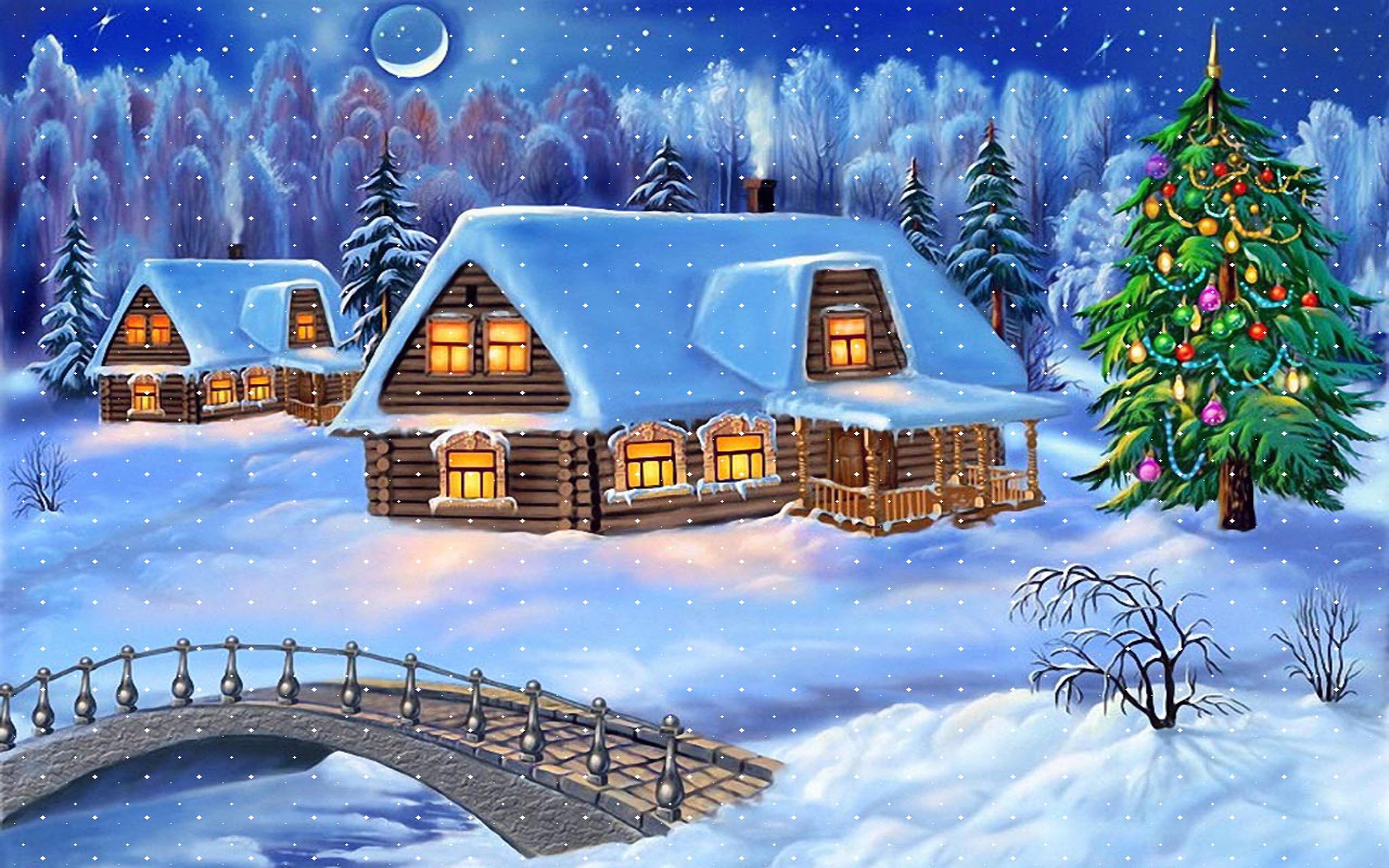Happy New Year Christmas Tree Winter Village Houses Wooden Bridge Snow