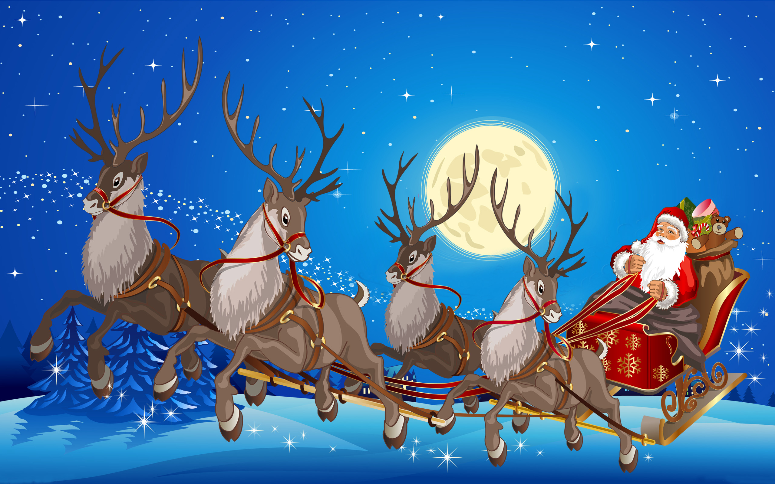 Santa Claus Sleigh With Reindeer Ts Full Moon Desktop Wallpaper Hd