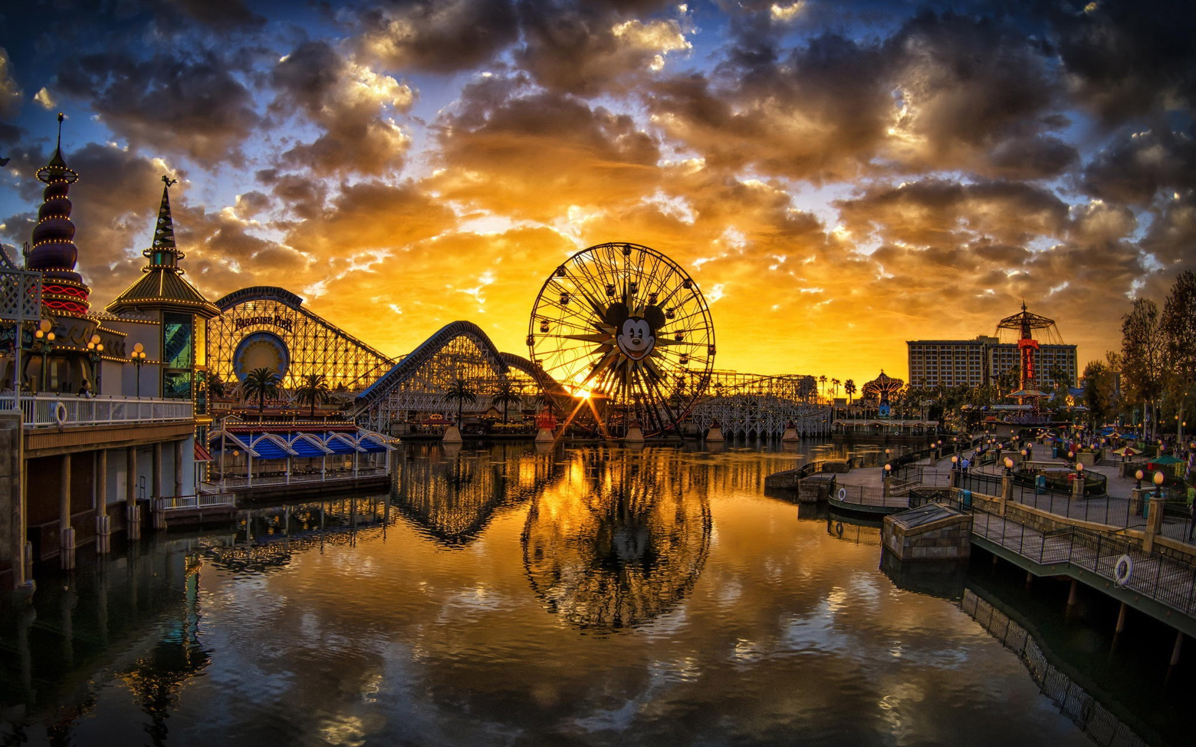 Disneyland California Sunset City River Ferris Wheel Reflection Pier Hd Wallpapers And