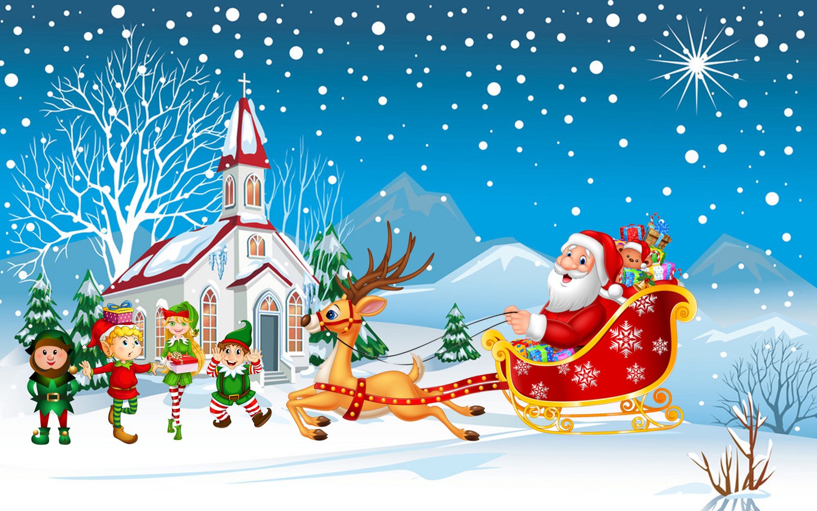 Happy Christmas Santa Claus With His Sleigh With Christmas Gifts Merry