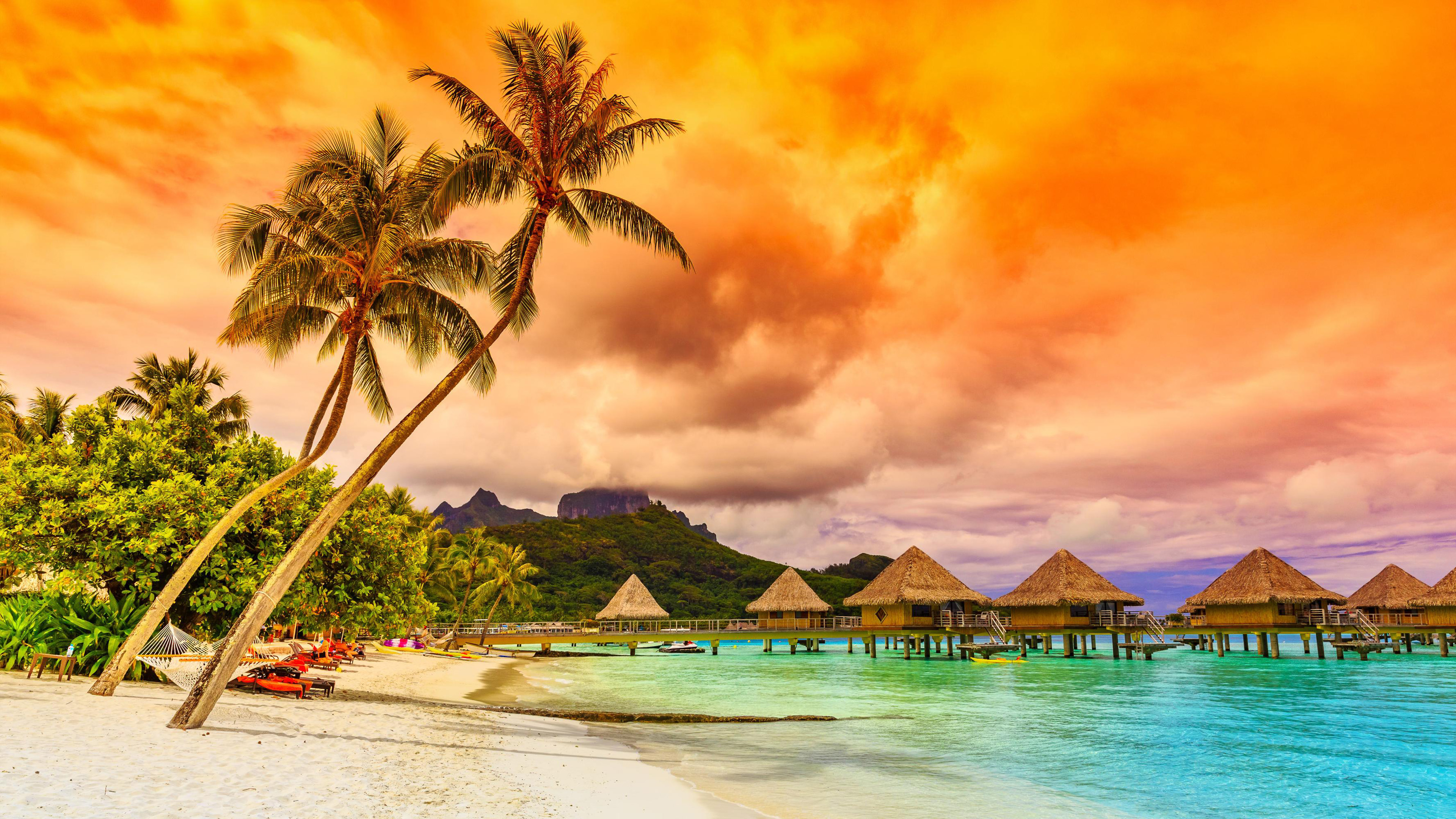 Sunset Tropical Sea Beach Bora Bora Bungalows In Water Pond Coconut Trees Red Sky Clouds Hd