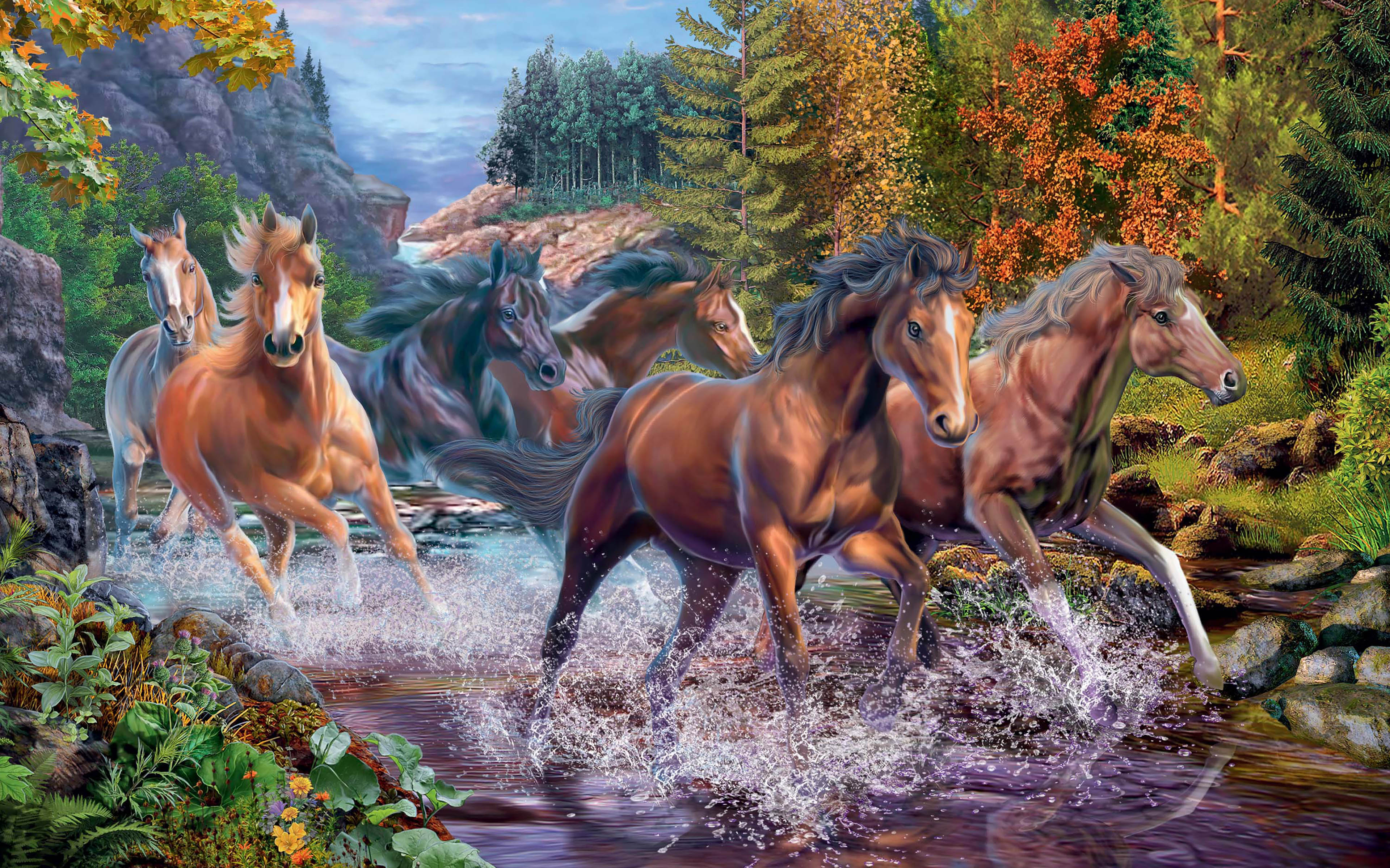 Ravensburger Rushing River Horses Art 4k Ultra Hd Tv Wallpaper For