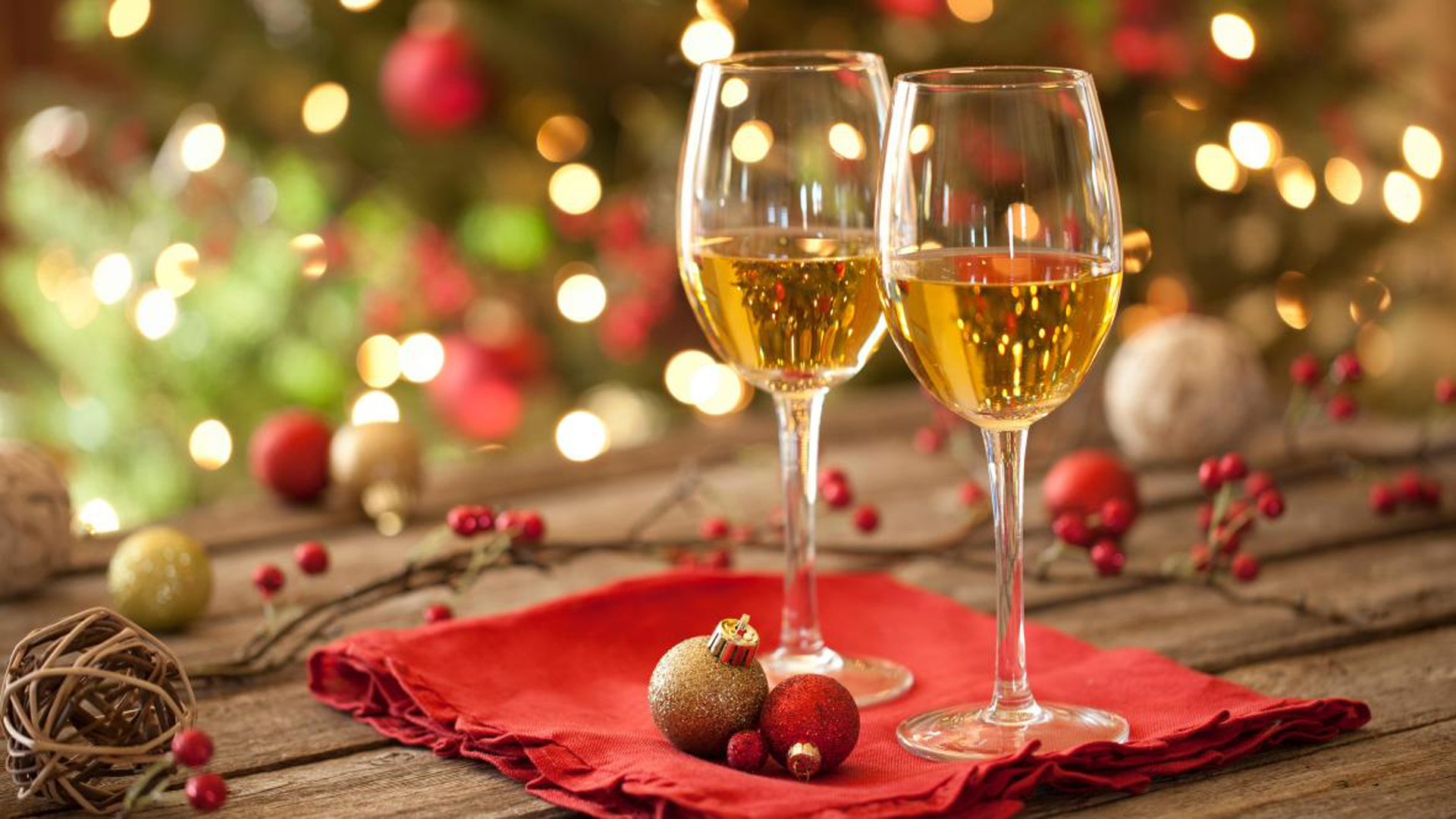 Merry Christmas Greeting Card Two Glasses With White Wine Christmas